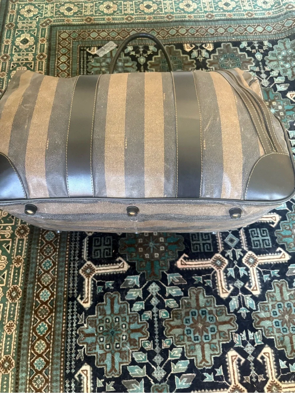 Fendi Striped Pequin Canvas /w Black Leather Duffel Bag